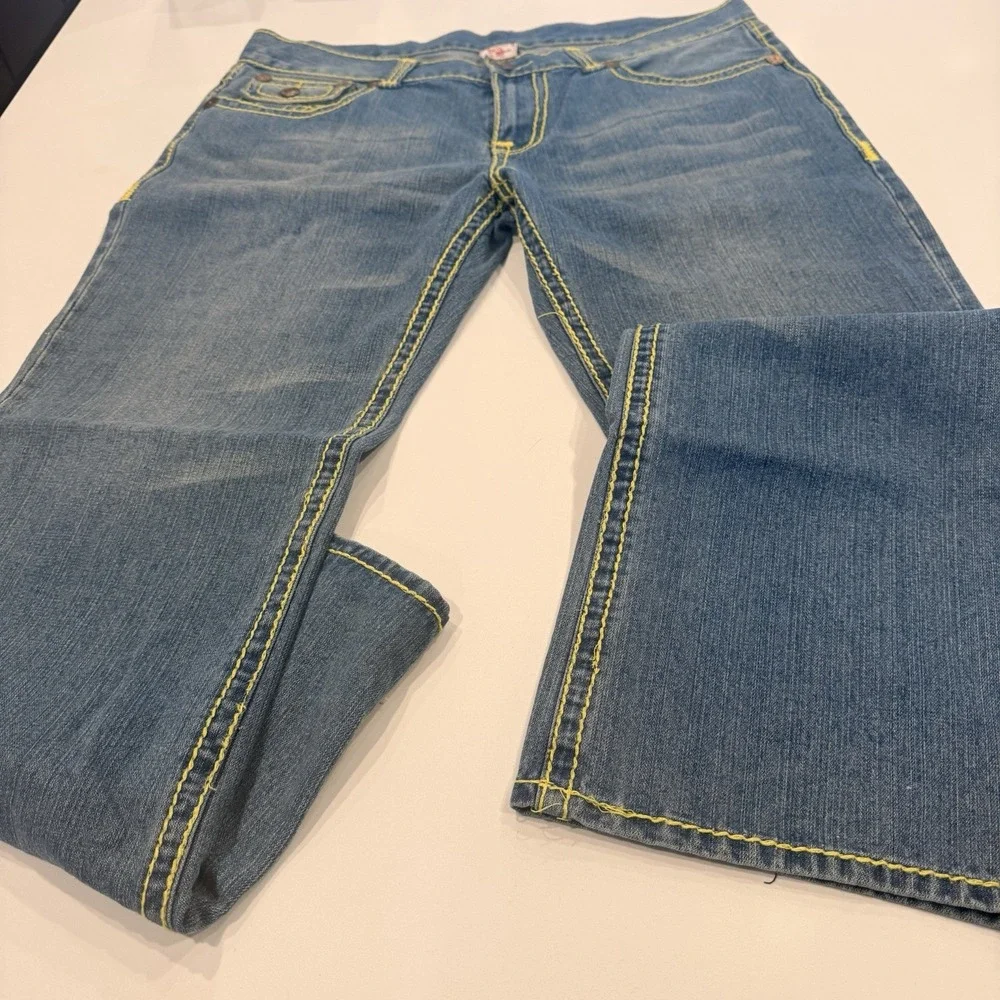 Y2K TRUE Religion World Tour Bobby Super T Men's 42 Jeans Neon Green‎ Stitch